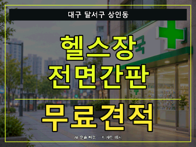 대구 달서구 상인동 헬스장 전면간판 무료견적 안내 썸네일 · AI 연출 배경