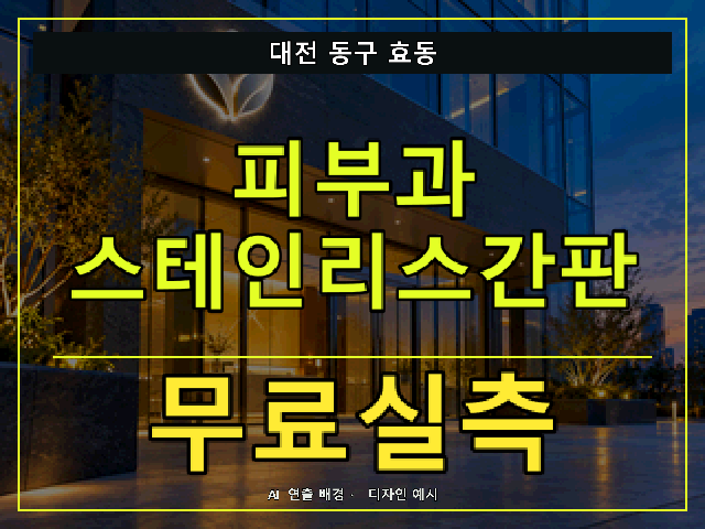 대전 동구 효동 피부과 스테인리스간판 무료실측 안내 썸네일 · AI 연출 배경