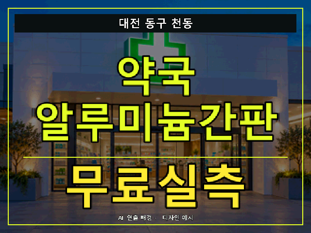 대전 동구 천동 약국 알루미늄간판 무료실측 안내 썸네일 · AI 연출 배경