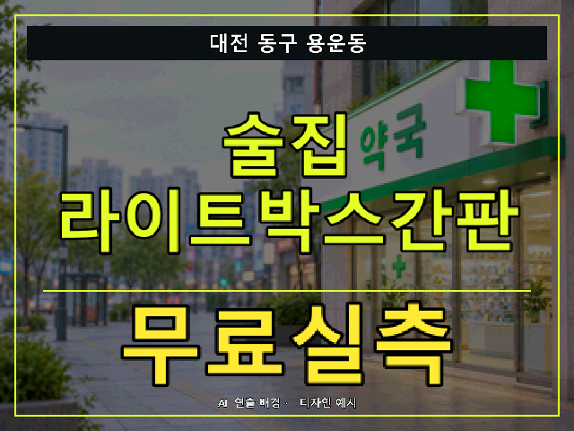 대전 동구 용운동 술집 라이트박스간판 무료실측 안내 썸네일 · AI 연출 배경