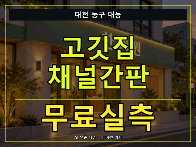 대전 동구 대동 고깃집 채널간판 무료실측 안내 썸네일 · AI 연출 배경