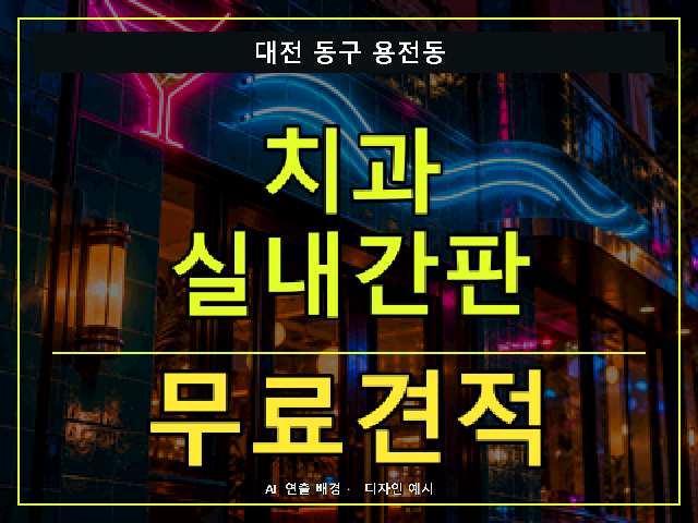 대전 동구 용전동 치과 실내간판 무료견적 안내 썸네일 · AI 연출 배경