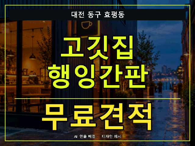 대전 동구 효평동 고깃집 행잉간판 무료견적 안내 썸네일 · AI 연출 배경