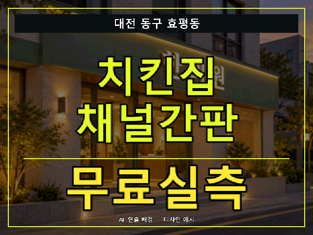 대전 동구 효평동 치킨집 채널간판 무료실측 안내 썸네일 · AI 연출 배경
