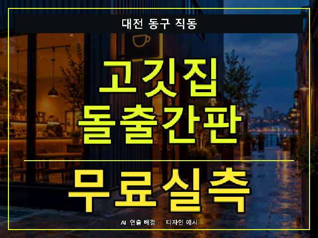 대전 동구 직동 고깃집 돌출간판 무료실측 안내 썸네일 · AI 연출 배경