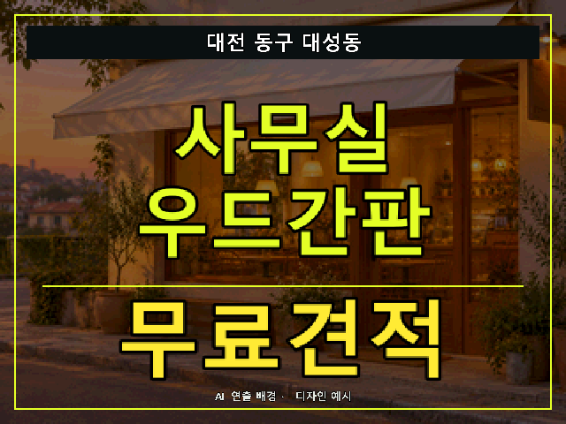 대전 동구 대성동 사무실 우드간판 무료견적 안내 썸네일 · AI 연출 배경