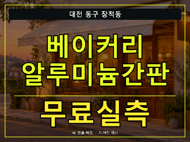 대전 동구 장척동 베이커리 알루미늄간판 무료실측 안내 썸네일 · AI 연출 배경