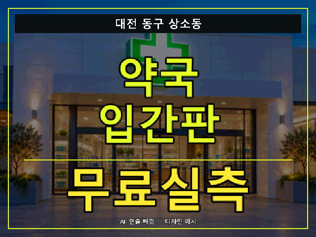 대전 동구 상소동 약국 입간판 무료실측 안내 썸네일 · AI 연출 배경