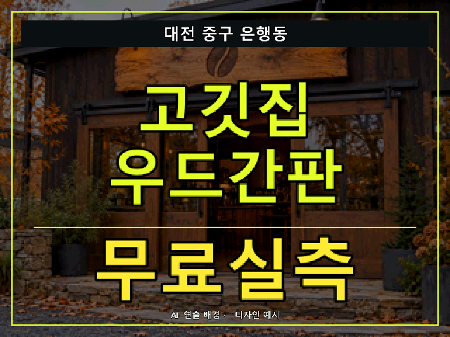 대전 중구 은행동 고깃집 우드간판 무료실측 안내 썸네일 · AI 연출 배경