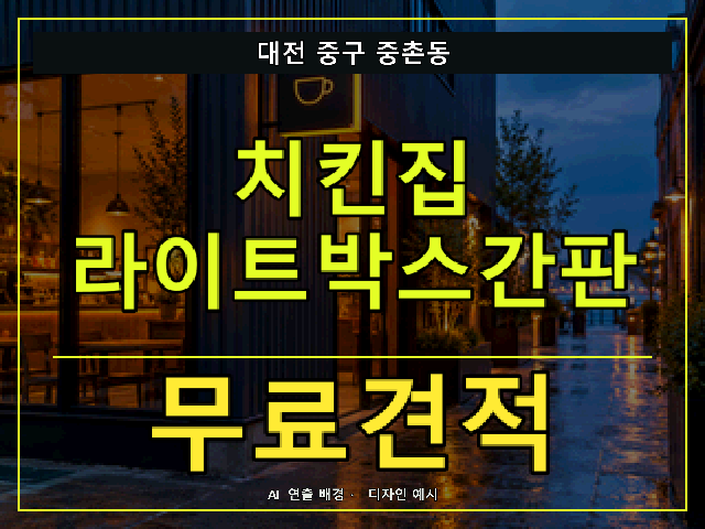 대전 중구 중촌동 치킨집 라이트박스간판 무료견적 안내 썸네일 · AI 연출 배경