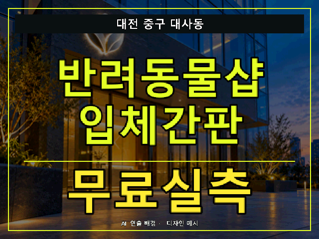대전 중구 대사동 반려동물샵 입체간판 무료실측 안내 썸네일 · AI 연출 배경
