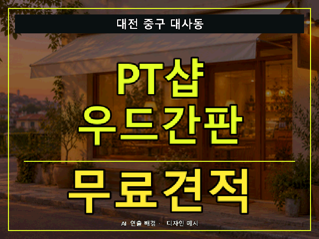 대전 중구 대사동 PT샵 우드간판 무료견적 안내 썸네일 · AI 연출 배경