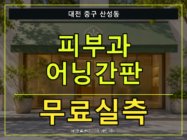 대전 중구 산성동 피부과 어닝간판 무료실측 안내 썸네일 · AI 연출 배경