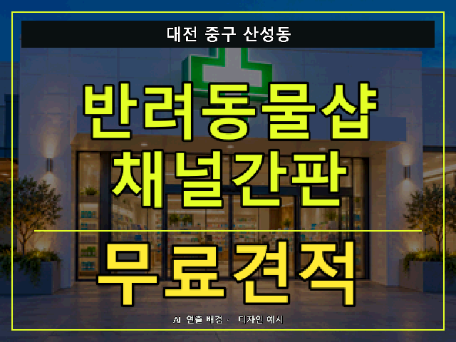대전 중구 산성동 반려동물샵 채널간판 무료견적 안내 썸네일 · AI 연출 배경