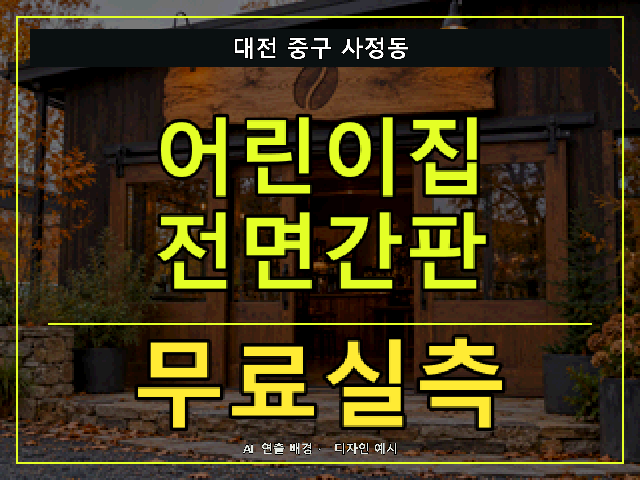 대전 중구 사정동 어린이집 전면간판 무료실측 안내 썸네일 · AI 연출 배경
