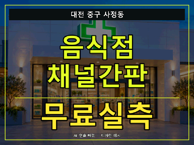 대전 중구 사정동 음식점 채널간판 무료실측 안내 썸네일 · AI 연출 배경