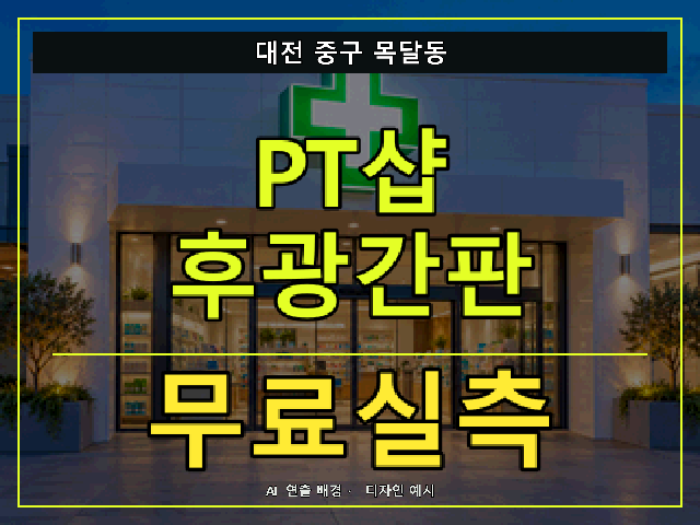대전 중구 목달동 PT샵 후광간판 무료실측 안내 썸네일 · AI 연출 배경