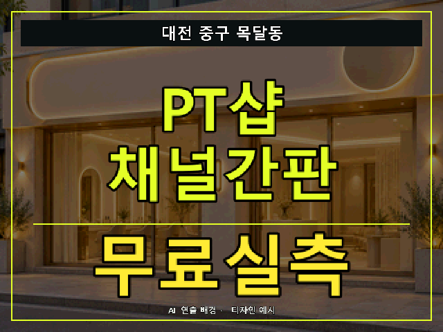 대전 중구 목달동 PT샵 채널간판 무료실측 안내 썸네일 · AI 연출 배경