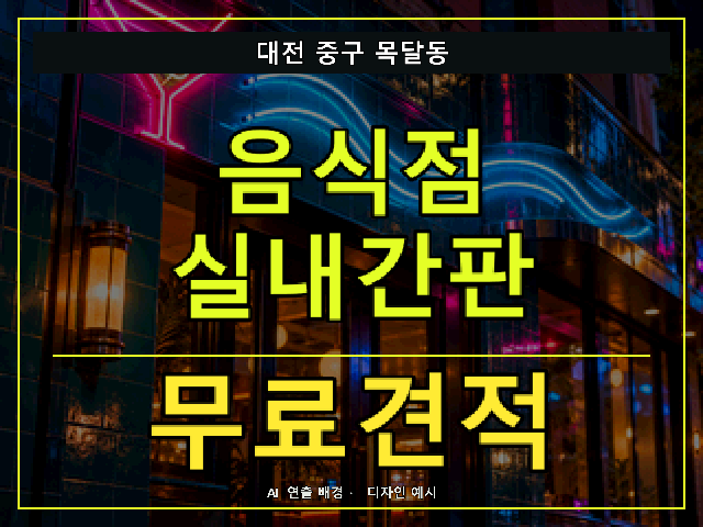 대전 중구 목달동 음식점 실내간판 무료견적 안내 썸네일 · AI 연출 배경
