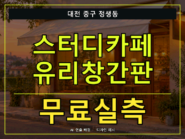 대전 중구 정생동 스터디카페 유리창간판 무료실측 안내 썸네일 · AI 연출 배경