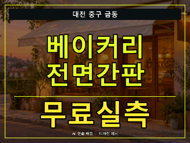 대전 중구 금동 베이커리 전면간판 무료실측 안내 썸네일 · AI 연출 배경