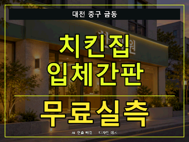 대전 중구 금동 치킨집 입체간판 무료실측 안내 썸네일 · AI 연출 배경