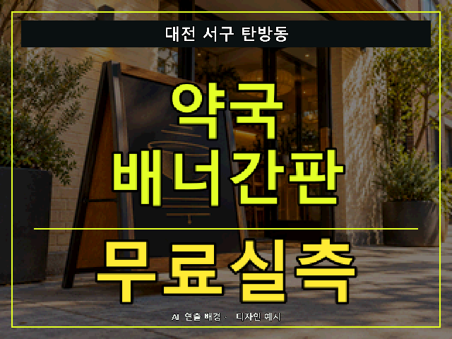 대전 서구 탄방동 약국 배너간판 무료실측 안내 썸네일 · AI 연출 배경