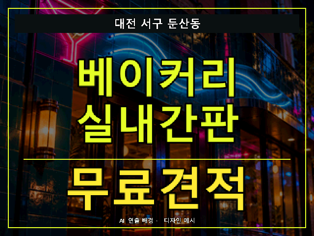 대전 서구 둔산동 베이커리 실내간판 무료견적 안내 썸네일 · AI 연출 배경
