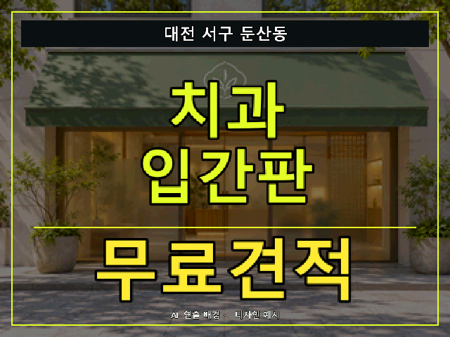 대전 서구 둔산동 치과 입간판 무료견적 안내 썸네일 · AI 연출 배경