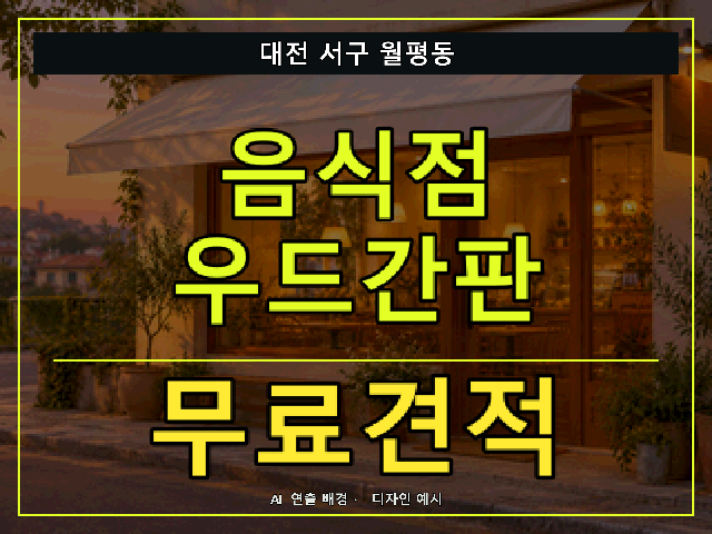대전 서구 월평동 음식점 우드간판 무료견적 안내 썸네일 · AI 연출 배경