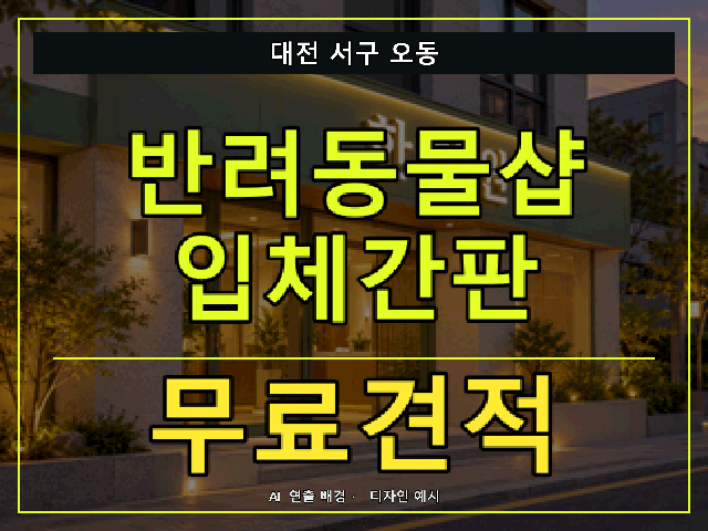 대전 서구 오동 반려동물샵 입체간판 무료견적 안내 썸네일 · AI 연출 배경