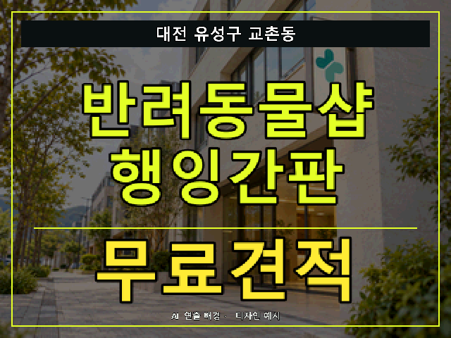 대전 유성구 교촌동 반려동물샵 행잉간판 무료견적 안내 썸네일 · AI 연출 배경