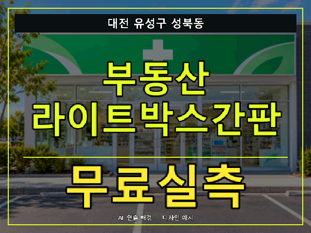 대전 유성구 성북동 부동산 라이트박스간판 무료실측 안내 썸네일 · AI 연출 배경