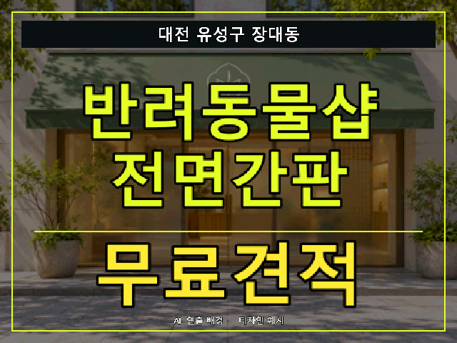 대전 유성구 장대동 반려동물샵 전면간판 무료견적 안내 썸네일 · AI 연출 배경