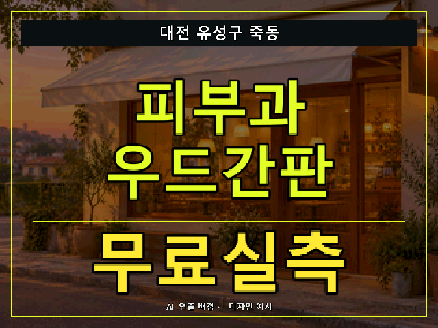 대전 유성구 죽동 피부과 우드간판 무료실측 안내 썸네일 · AI 연출 배경
