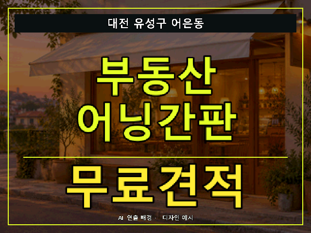대전 유성구 어은동 부동산 어닝간판 무료견적 안내 썸네일 · AI 연출 배경