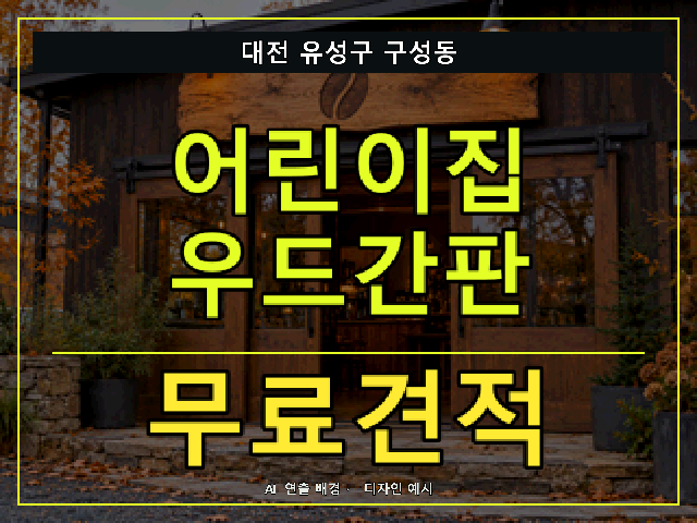 대전 유성구 구성동 어린이집 우드간판 무료견적 안내 썸네일 · AI 연출 배경