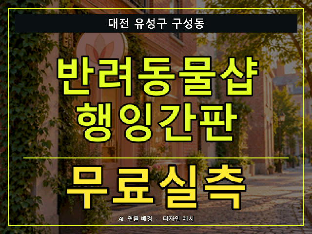 대전 유성구 구성동 반려동물샵 행잉간판 무료실측 안내 썸네일 · AI 연출 배경