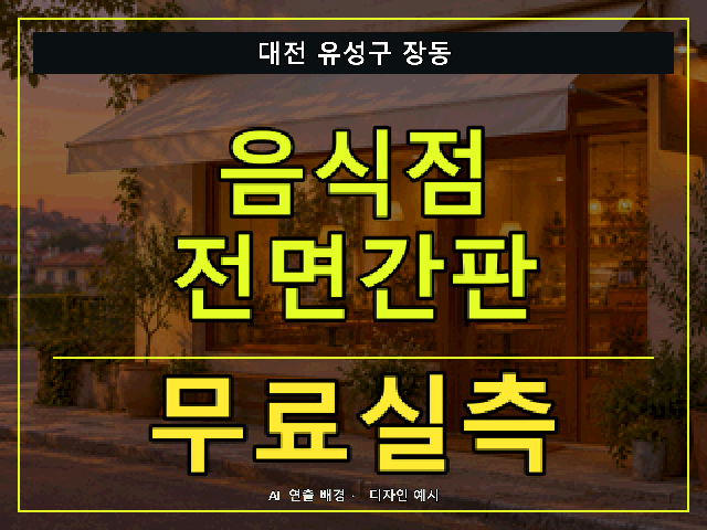 대전 유성구 장동 음식점 전면간판 무료실측 안내 썸네일 · AI 연출 배경