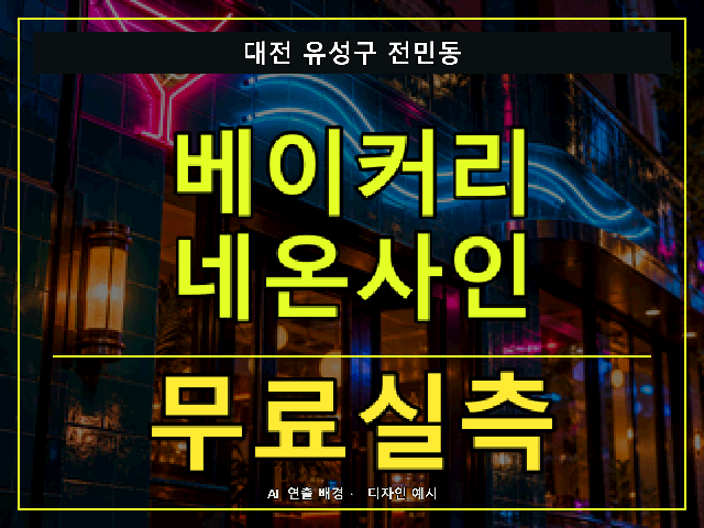 대전 유성구 전민동 베이커리 네온사인 무료실측 안내 썸네일 · AI 연출 배경