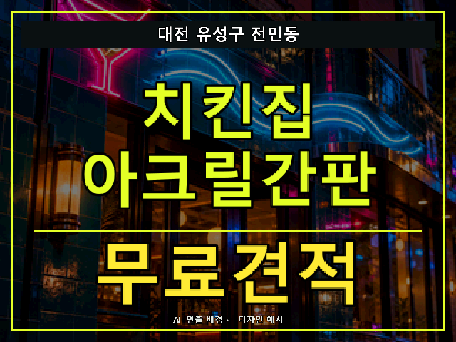 대전 유성구 전민동 치킨집 아크릴간판 무료견적 안내 썸네일 · AI 연출 배경