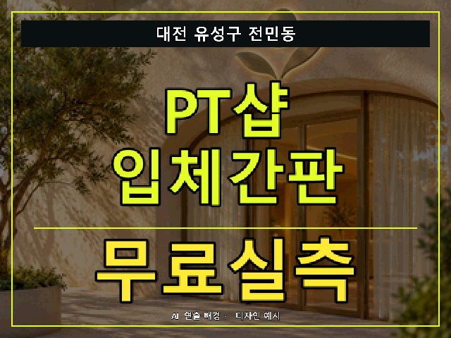 대전 유성구 전민동 PT샵 입체간판 무료실측 안내 썸네일 · AI 연출 배경
