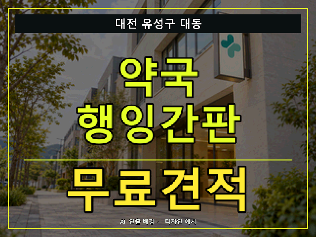 대전 유성구 대동 약국 행잉간판 무료견적 안내 썸네일 · AI 연출 배경