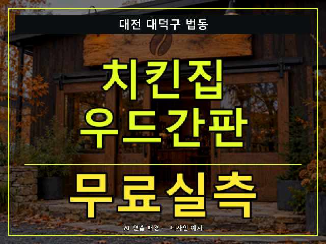 대전 대덕구 법동 치킨집 우드간판 무료실측 안내 썸네일 · AI 연출 배경