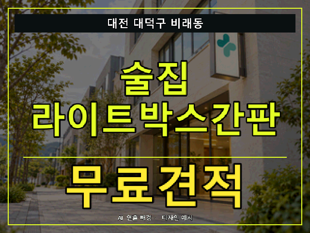 대전 대덕구 비래동 술집 라이트박스간판 무료견적 안내 썸네일 · AI 연출 배경
