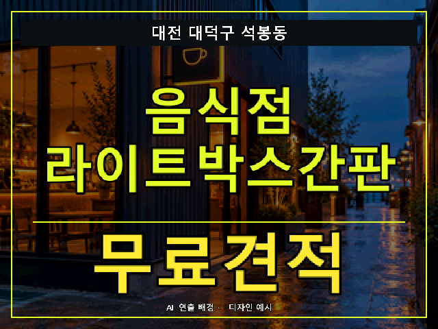 대전 대덕구 석봉동 음식점 라이트박스간판 무료견적 안내 썸네일 · AI 연출 배경