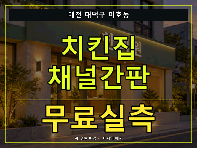 대전 대덕구 미호동 치킨집 채널간판 무료실측 안내 썸네일 · AI 연출 배경