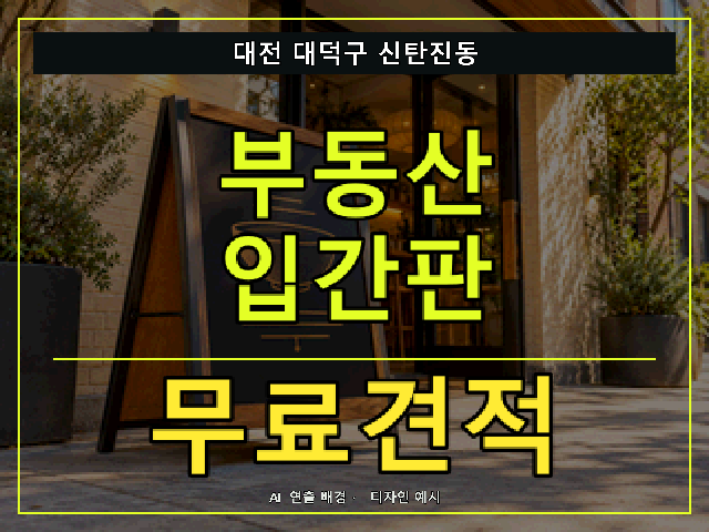 대전 대덕구 신탄진동 부동산 입간판 무료견적 안내 썸네일 · AI 연출 배경