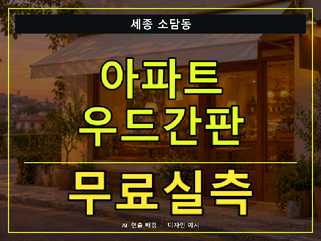 세종 소담동 아파트 우드간판 무료실측 안내 썸네일 · AI 연출 배경