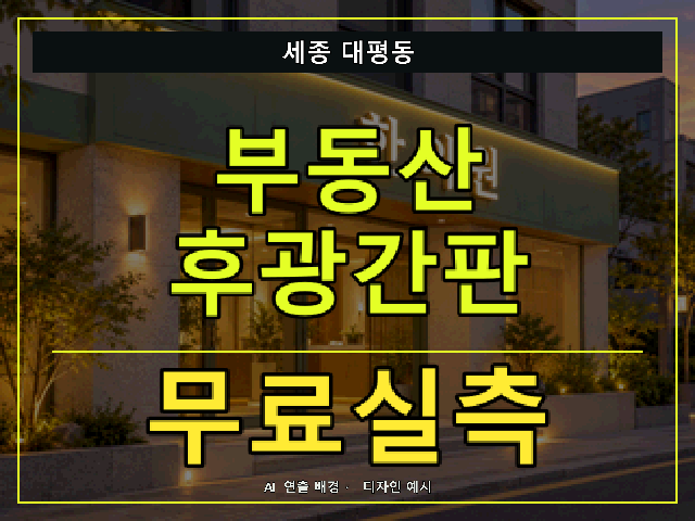 세종 대평동 부동산 후광간판 무료실측 안내 썸네일 · AI 연출 배경
